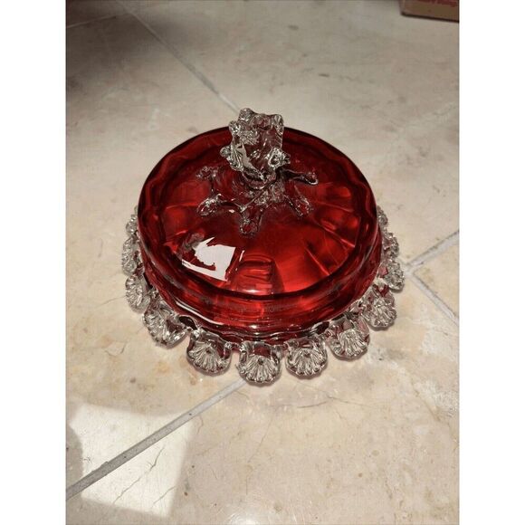 Hand Blown Vintage Cranberry Glass With Lid Glass 7” - Picture 2 of 8